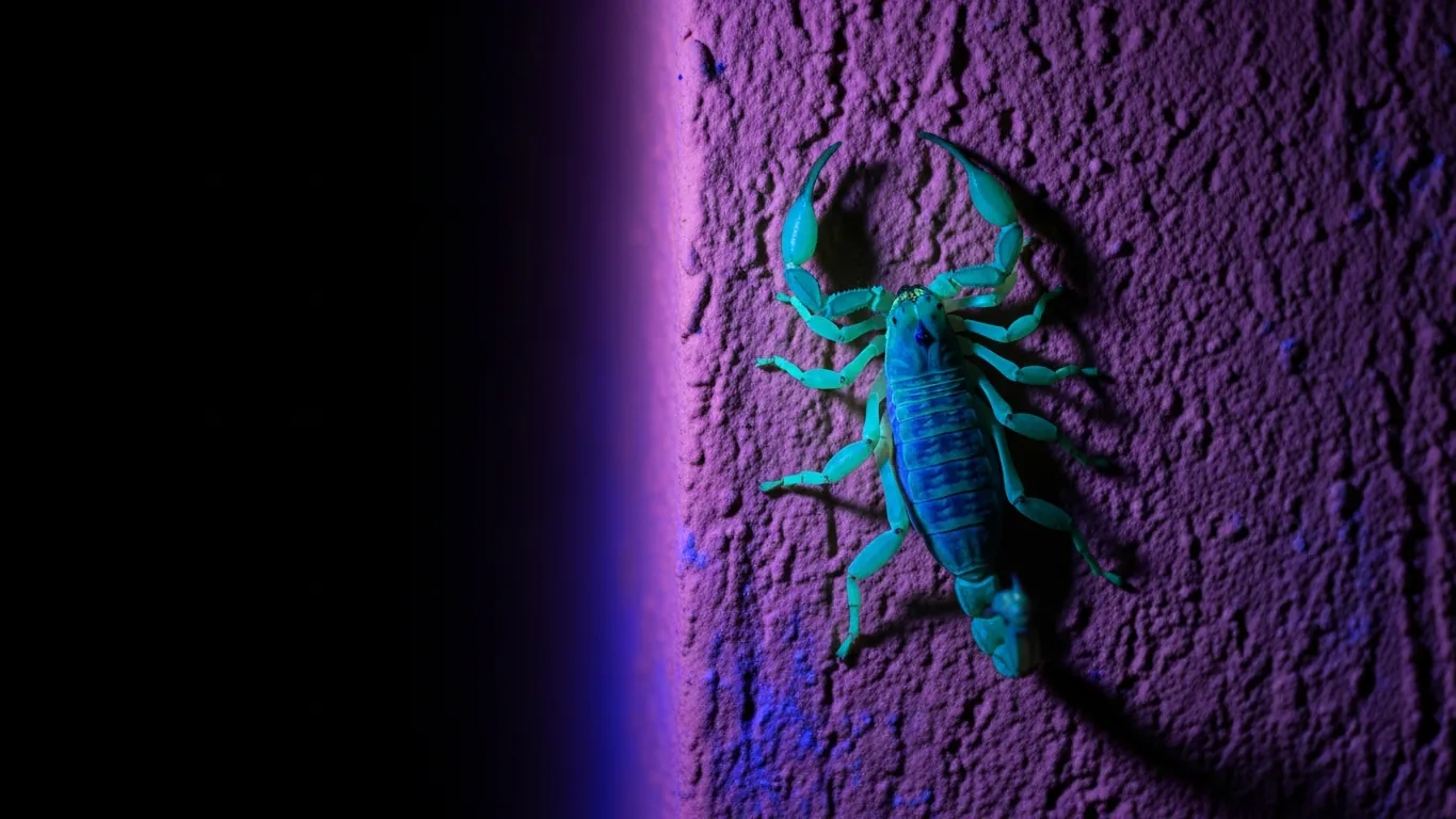 Bark scorpion glowing under UV blacklight on a stucco wall
