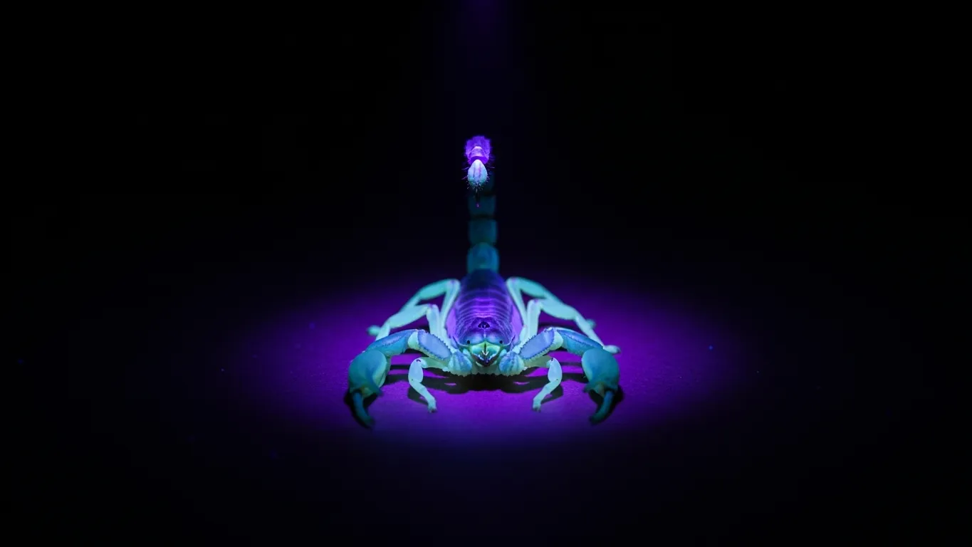 UV flashlight revealing a glowing scorpion in a dark room