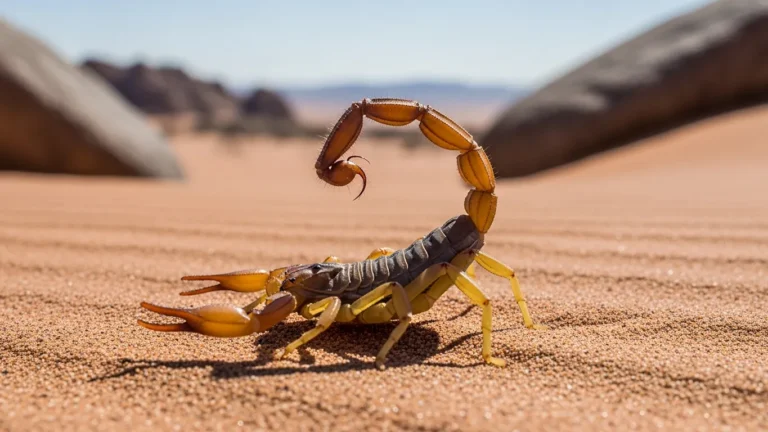 Bark scorpion on desert sand with rocky background
