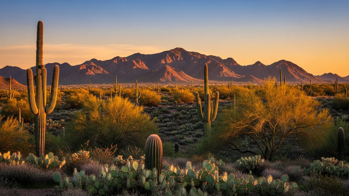 Scottsdale Arizona with desert mountain backdrop at golden hour