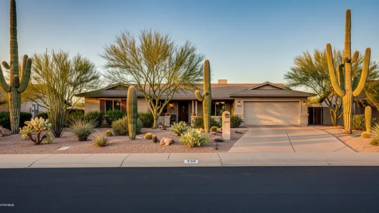 Arizona ranch home with desert landscaping and saguaro cactus at golden hour