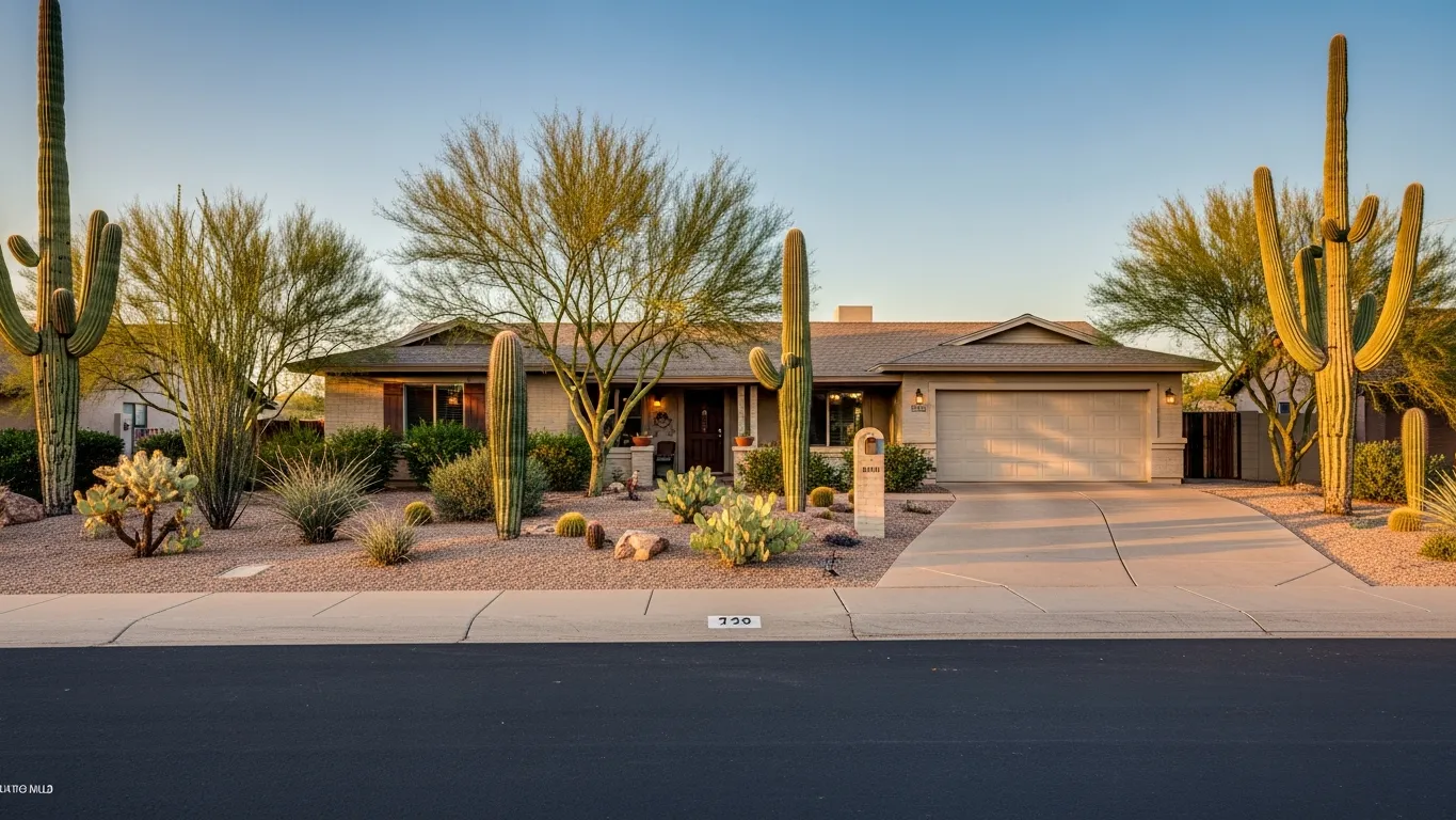 Arizona ranch home with desert landscaping and saguaro cactus at golden hour