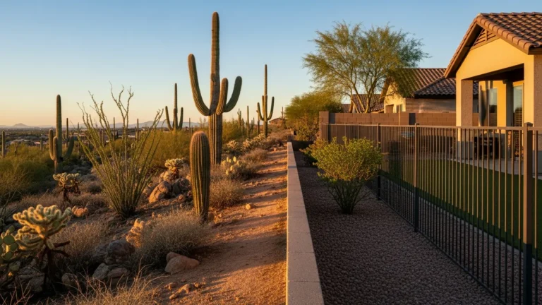 Sonoran desert meeting a Phoenix residential backyard fence line
