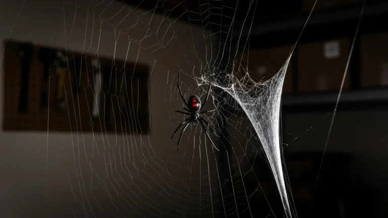 Black widow spider in a web in a dark garage corner