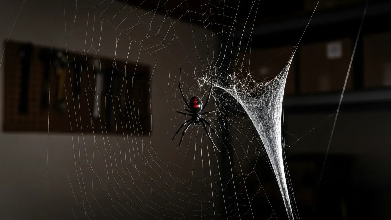 Black widow spider in a web in a dark garage corner