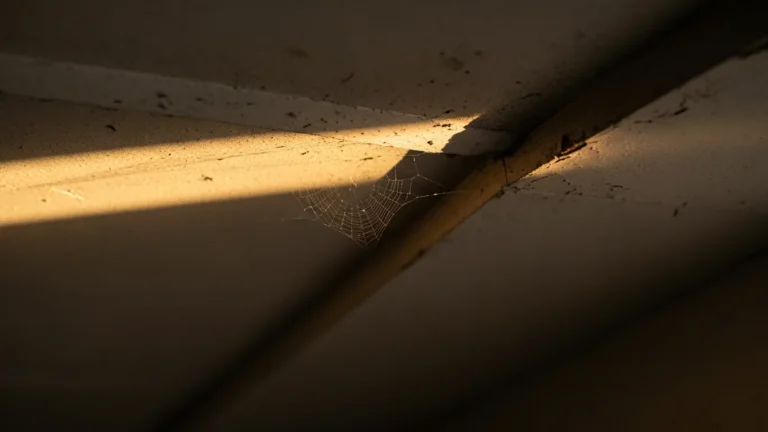Cobweb in a garage ceiling corner catching morning light