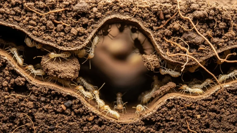Subterranean termite workers in a soil tunnel cross-section