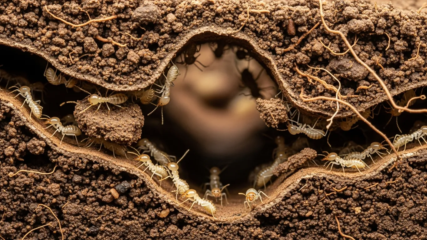 Subterranean termite workers in a soil tunnel cross-section