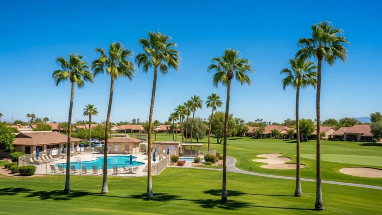 Sun City Arizona recreation area with palm trees and blue sky