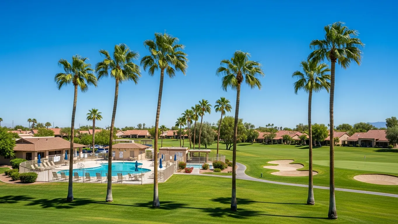 Sun City Arizona recreation area with palm trees and blue sky