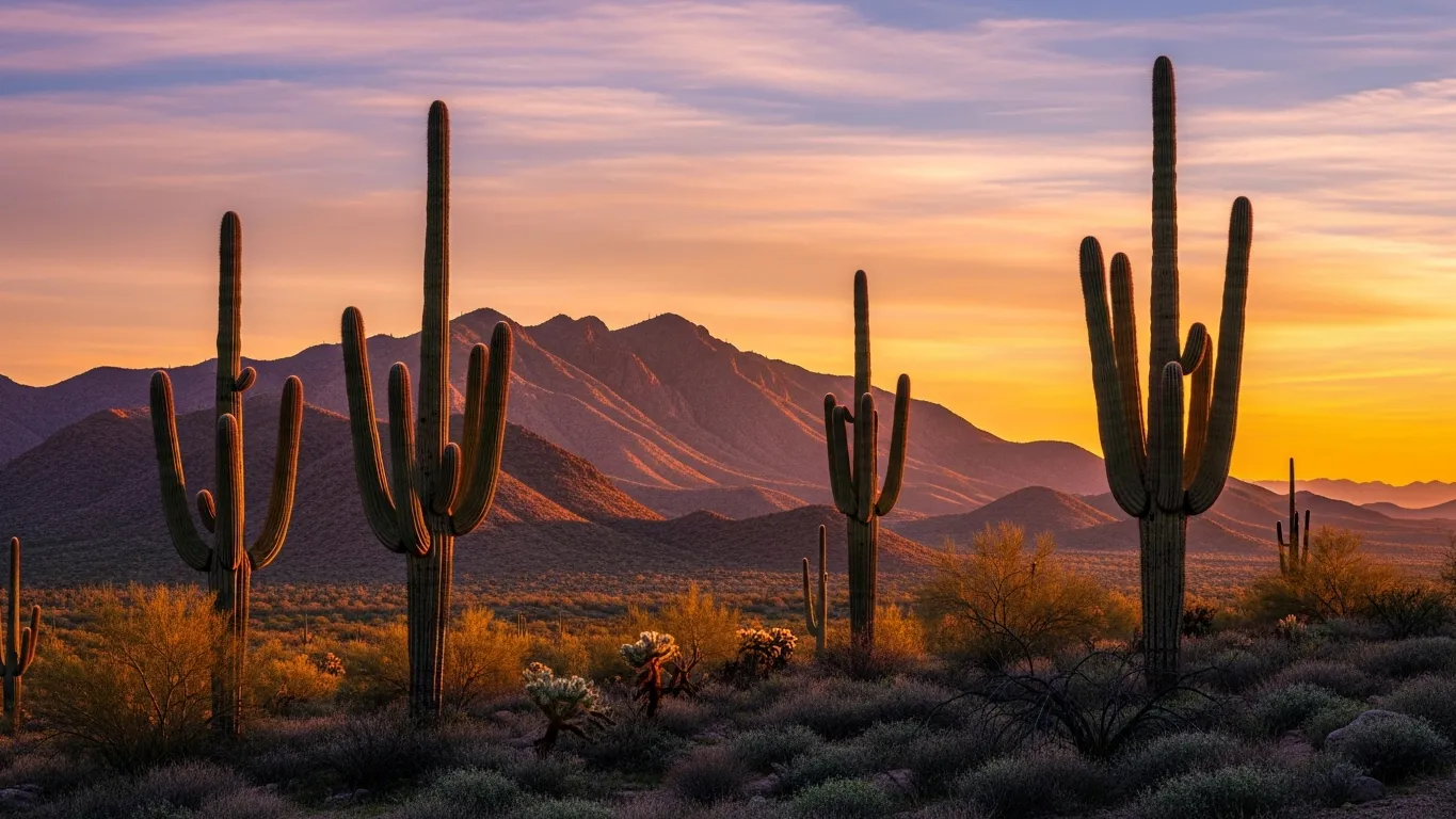 White Tank Mountains near Surprise Arizona at sunrise with saguaro