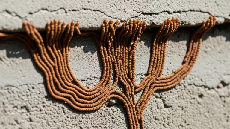 Termite mud tubes on a concrete foundation wall