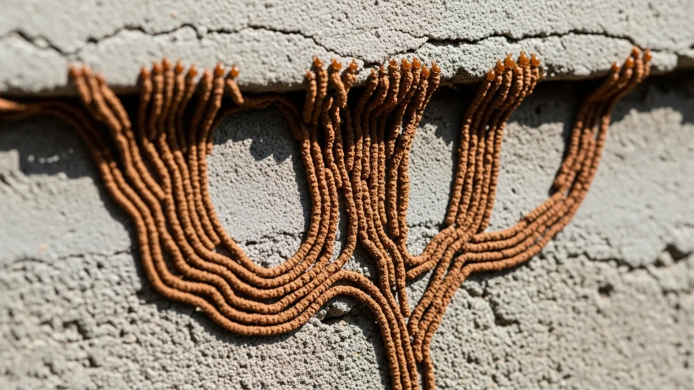 Termite mud tubes on a concrete foundation wall
