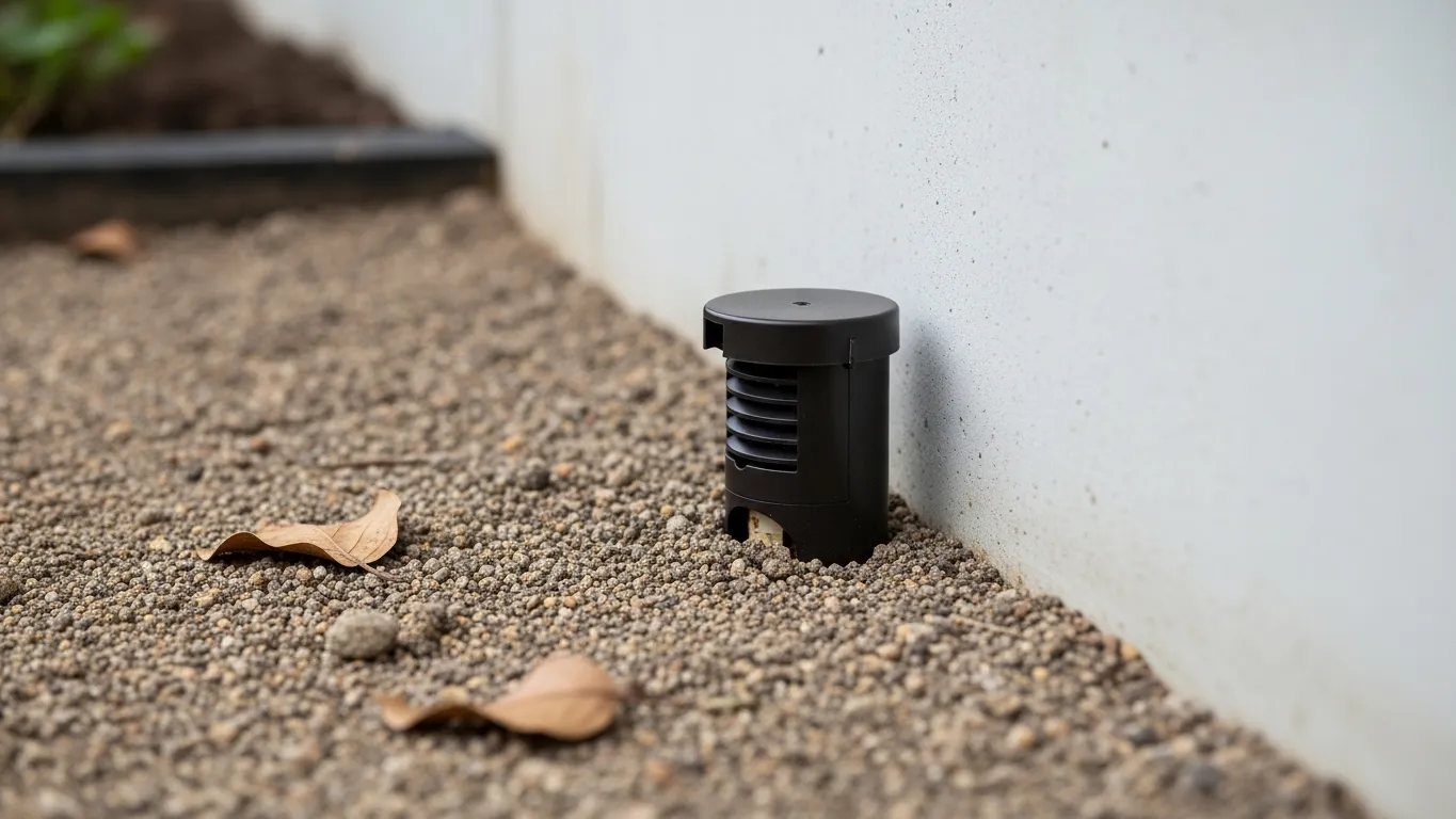 Termite monitoring station in soil near a home foundation
