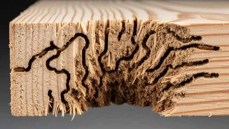 Cross-section of wood showing termite galleries and tunnels