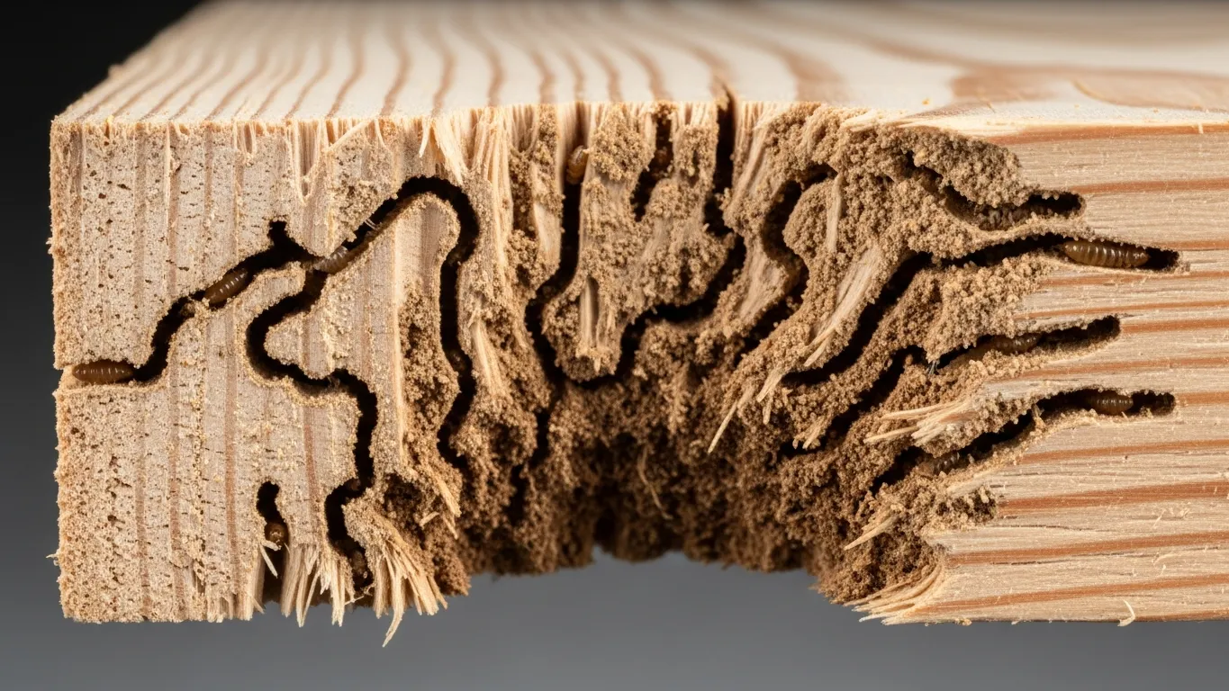 Cross-section of wood showing termite galleries and tunnels