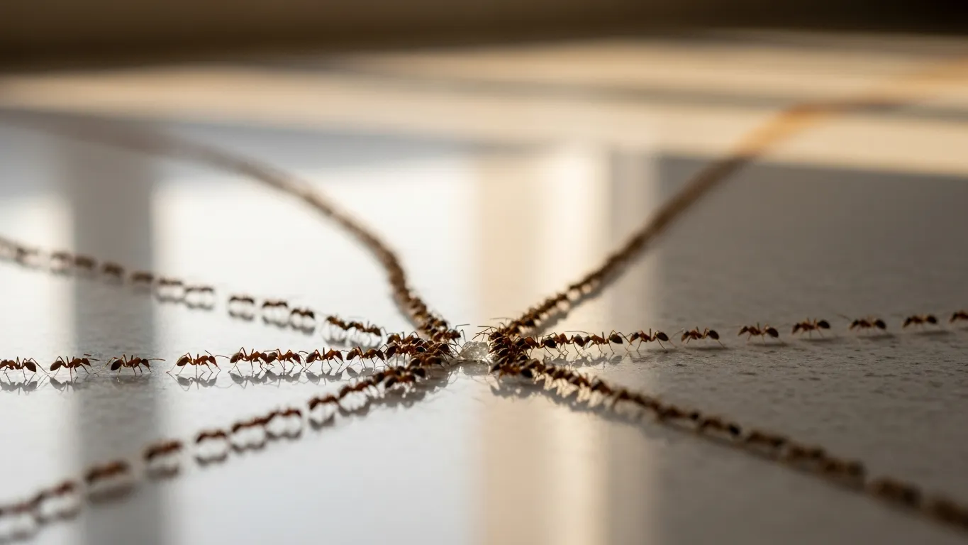 Multiple ant trails converging on a kitchen counter