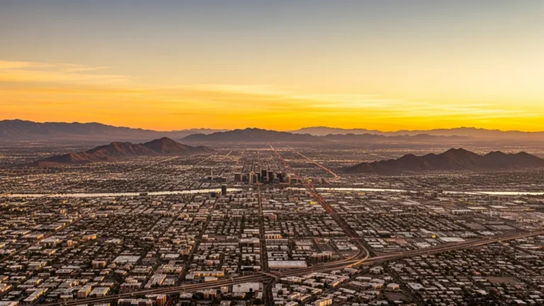 Aerial view of Phoenix metropolitan valley with surrounding mountains