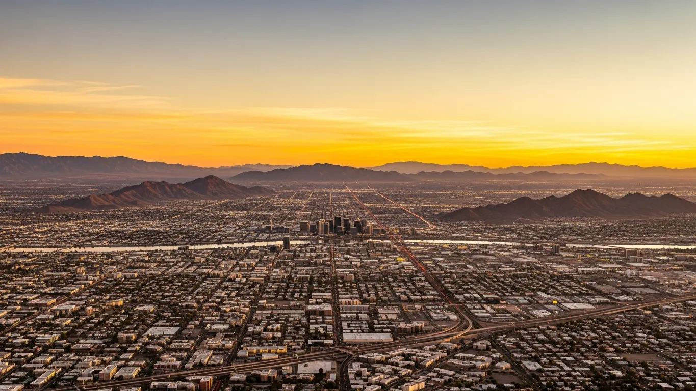 Aerial view of Phoenix metropolitan valley with surrounding mountains