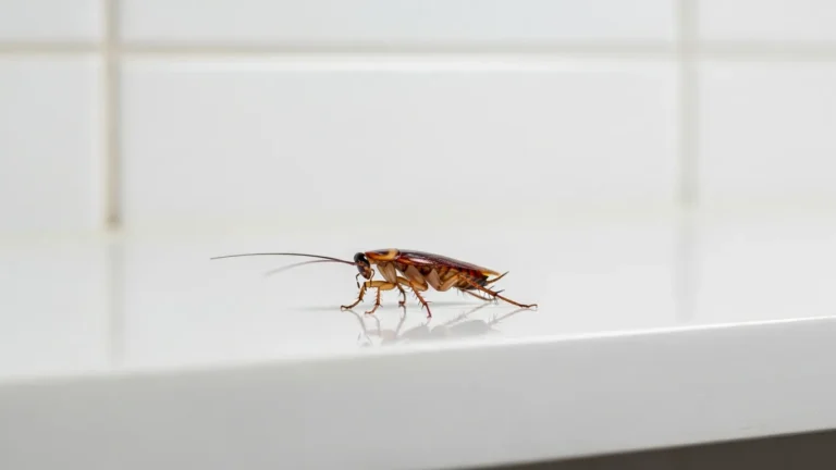 Cockroach walking across a clean kitchen shelf