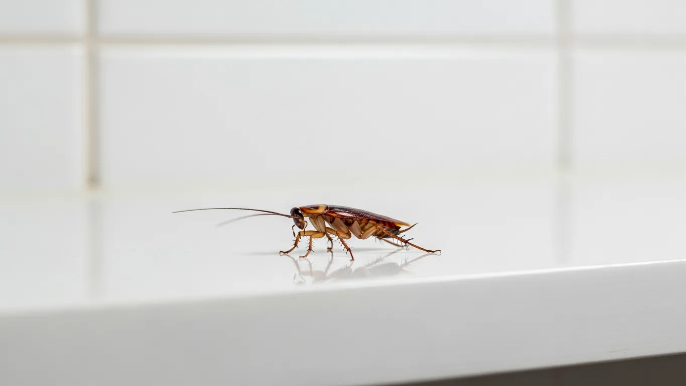 Cockroach walking across a clean kitchen shelf